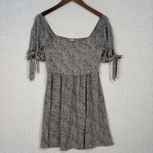 American Eagle Smocked Mini Dress Womens Medium Animal Print Tie Sleeve Boho